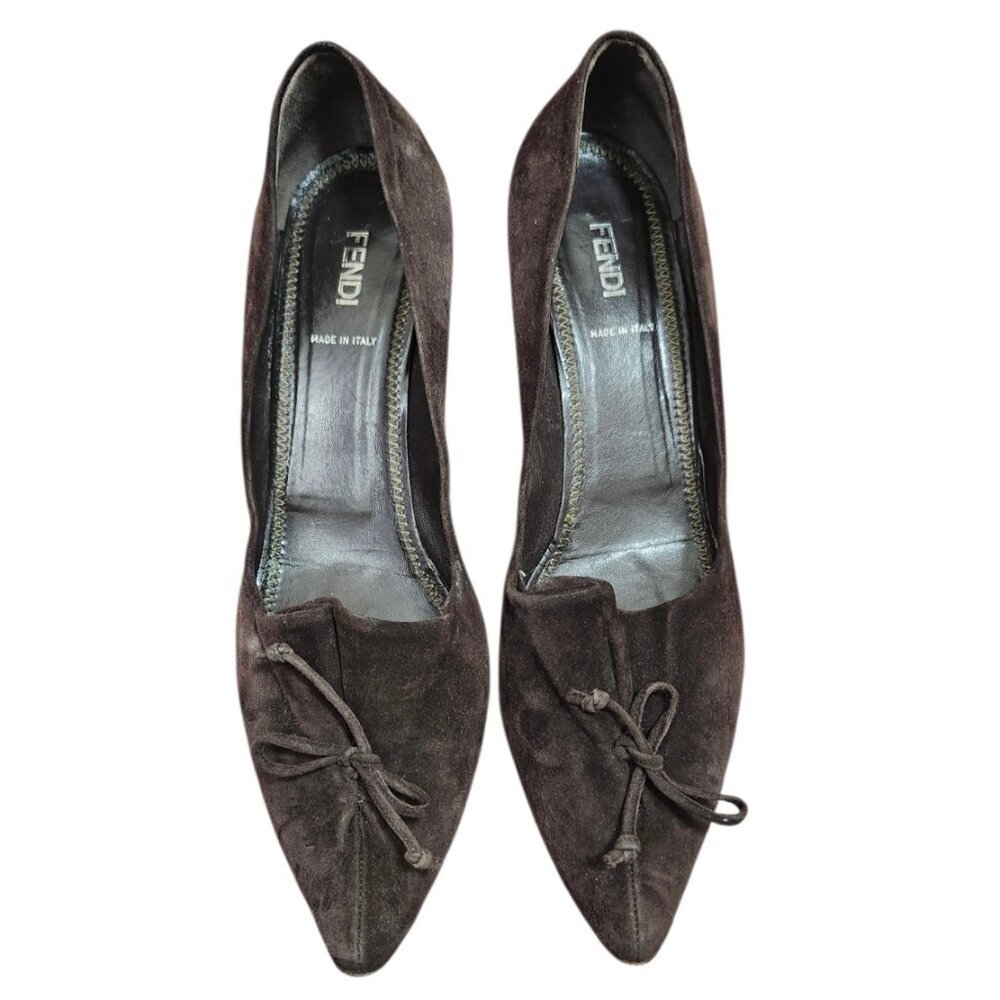 Fendi Brown Suede Pointed Toe Kitten Heel Pumps Bow Detail EU 40 US 9 Italy - Picture 2 of 11